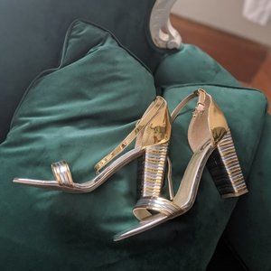 G bymGuess Gold and Silver Banded Heels - 9M